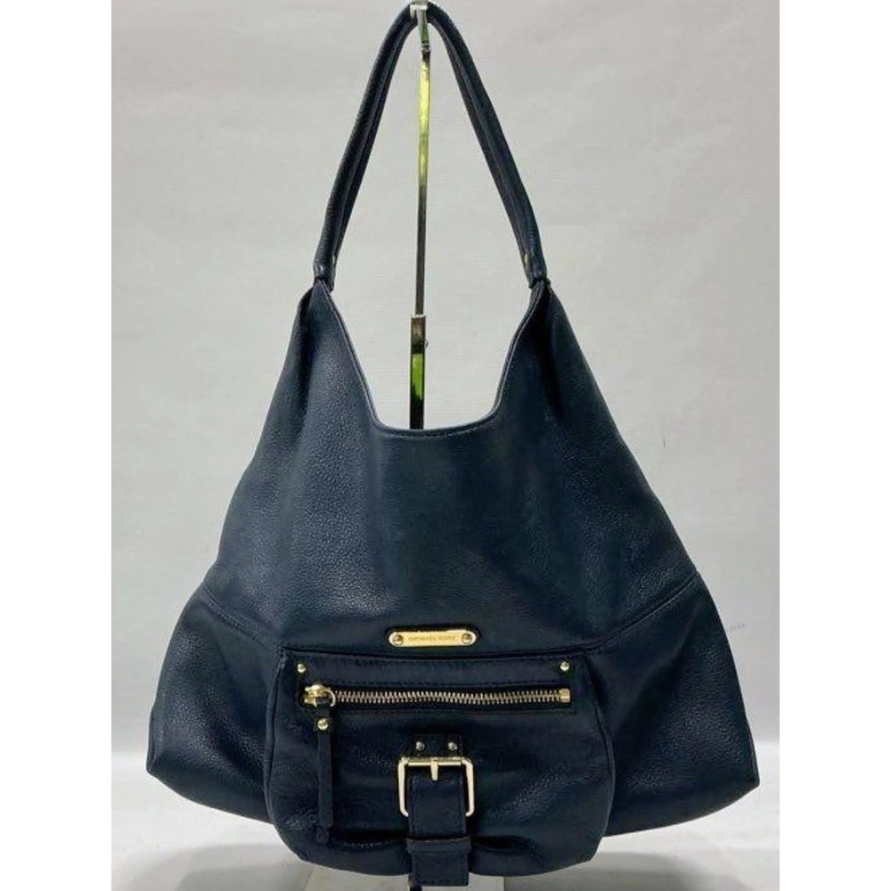 Michael Kors Navy Pebbled Leather Bedford Hobo Shoulder Bag Gold Buckle E-1406